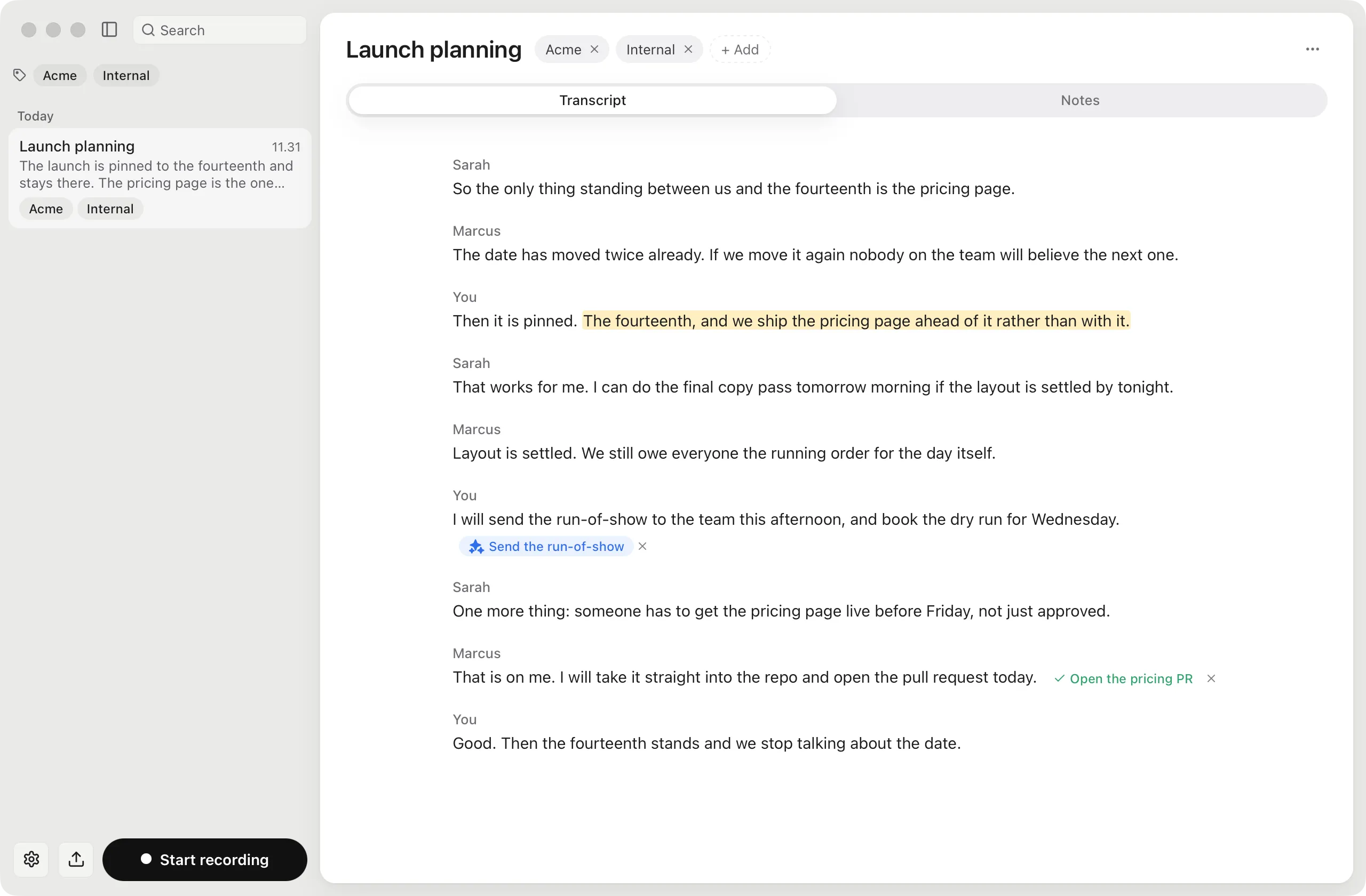 Wallflower showing a meeting transcript with speaker names, a highlighted decision and two suggested actions