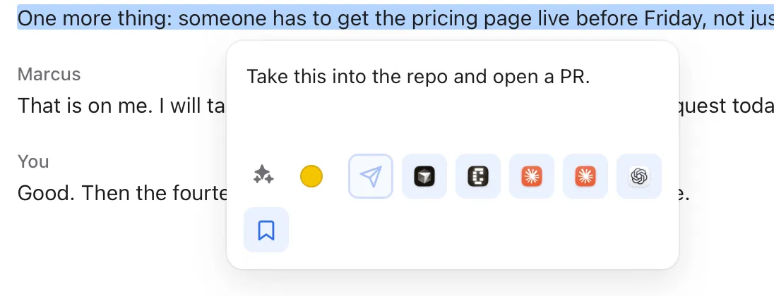 A selected sentence with the popover open over it: a note, the colour swatch and one button per action