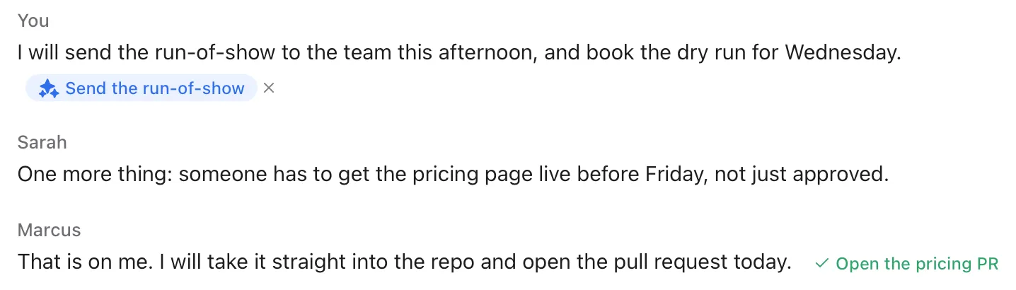 Two suggested actions in the transcript, one waiting and one already sent